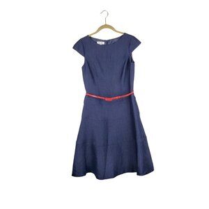 Jones Studio Cap Sleeve Swing Dress Navy Blue Woven Burlap A-Line Retro Size 4
